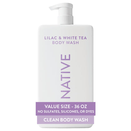Native front packaging showing 36 oz pump and lilac scent for convenience