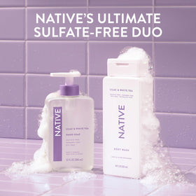 Native body wash pumped onto washcloth showing controlled dispensing benefit