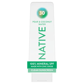 Native sunscreen front packaging showing SPF 30 and scent, clear protection