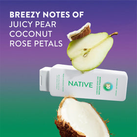 Native pear and coconut water scent visual with product, fresh fragrance appeal