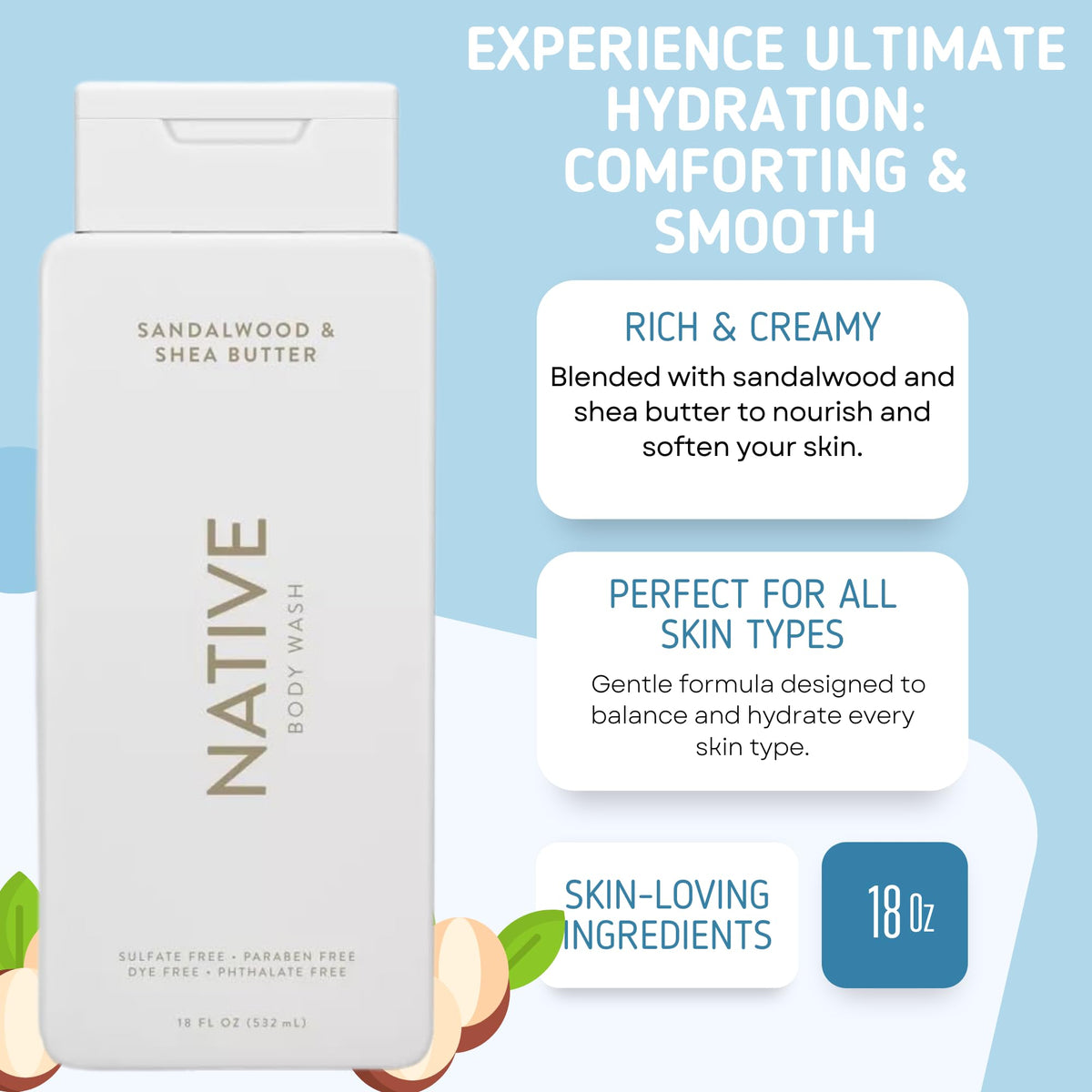 Native bottle in shower producing foam for gentle effective cleanse