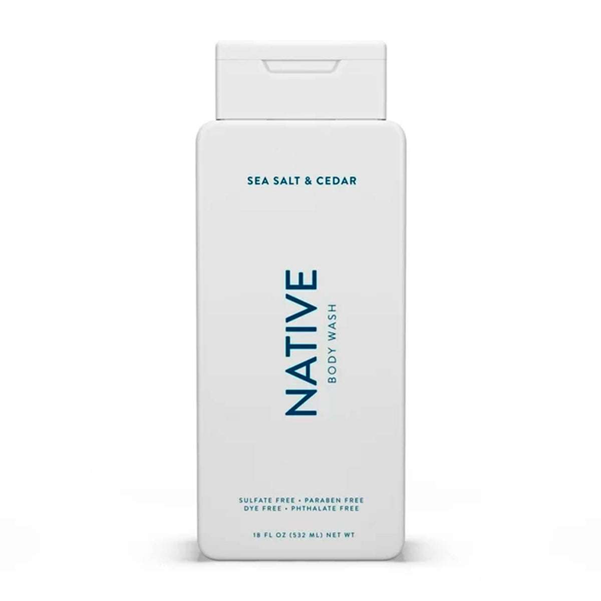 Native front packaging showing 18 oz bottle and sea salt cedar scent benefit