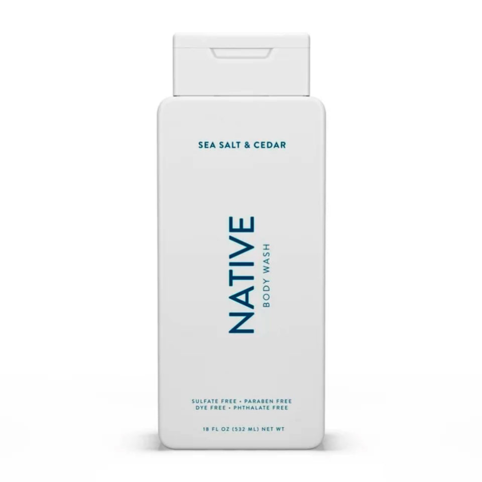 Native front packaging showing 18 oz bottle and sea salt cedar scent benefit