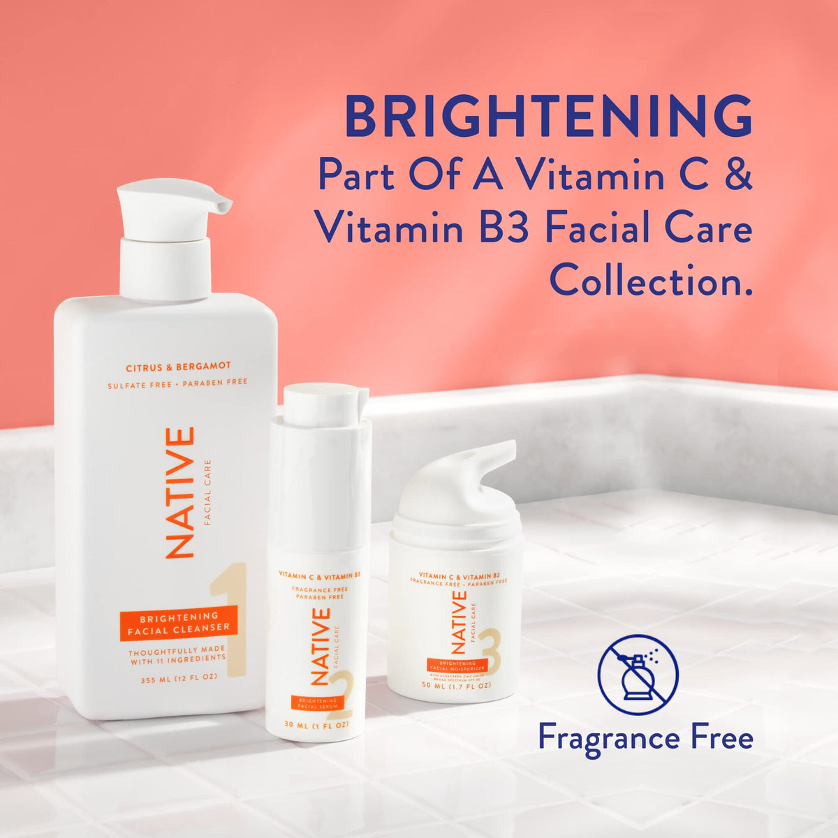Native serum on bathroom vanity styled to show daily routine and effortless layering