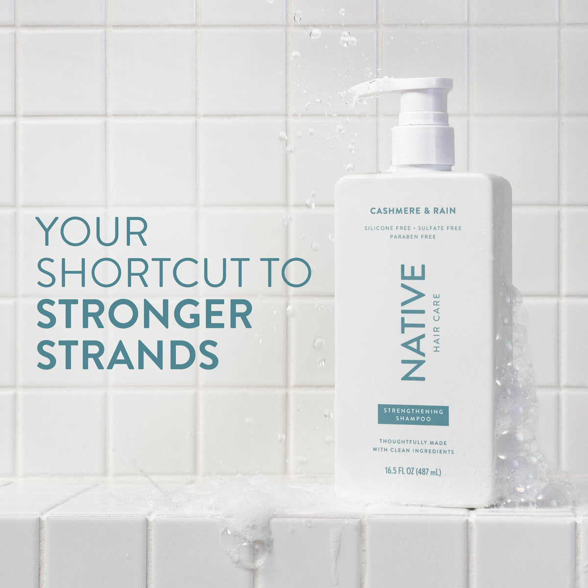 Native shampoo pump close-up highlighting easy-dispense and gentle cleansing