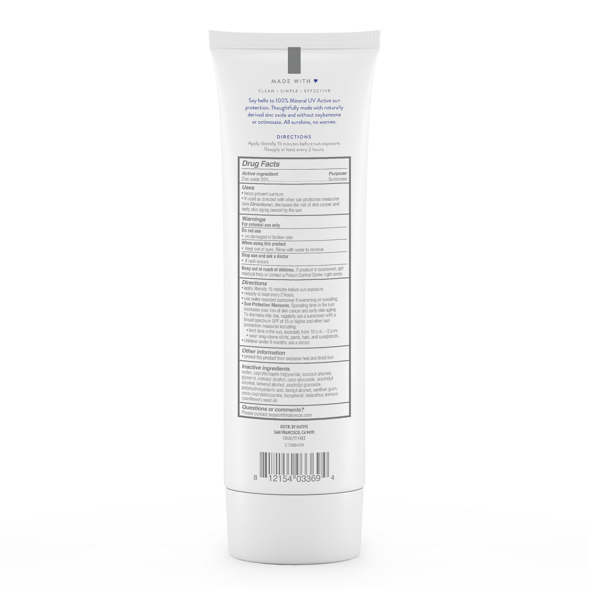 Native packaging back view showing usage instructions and dermatologist-tested note