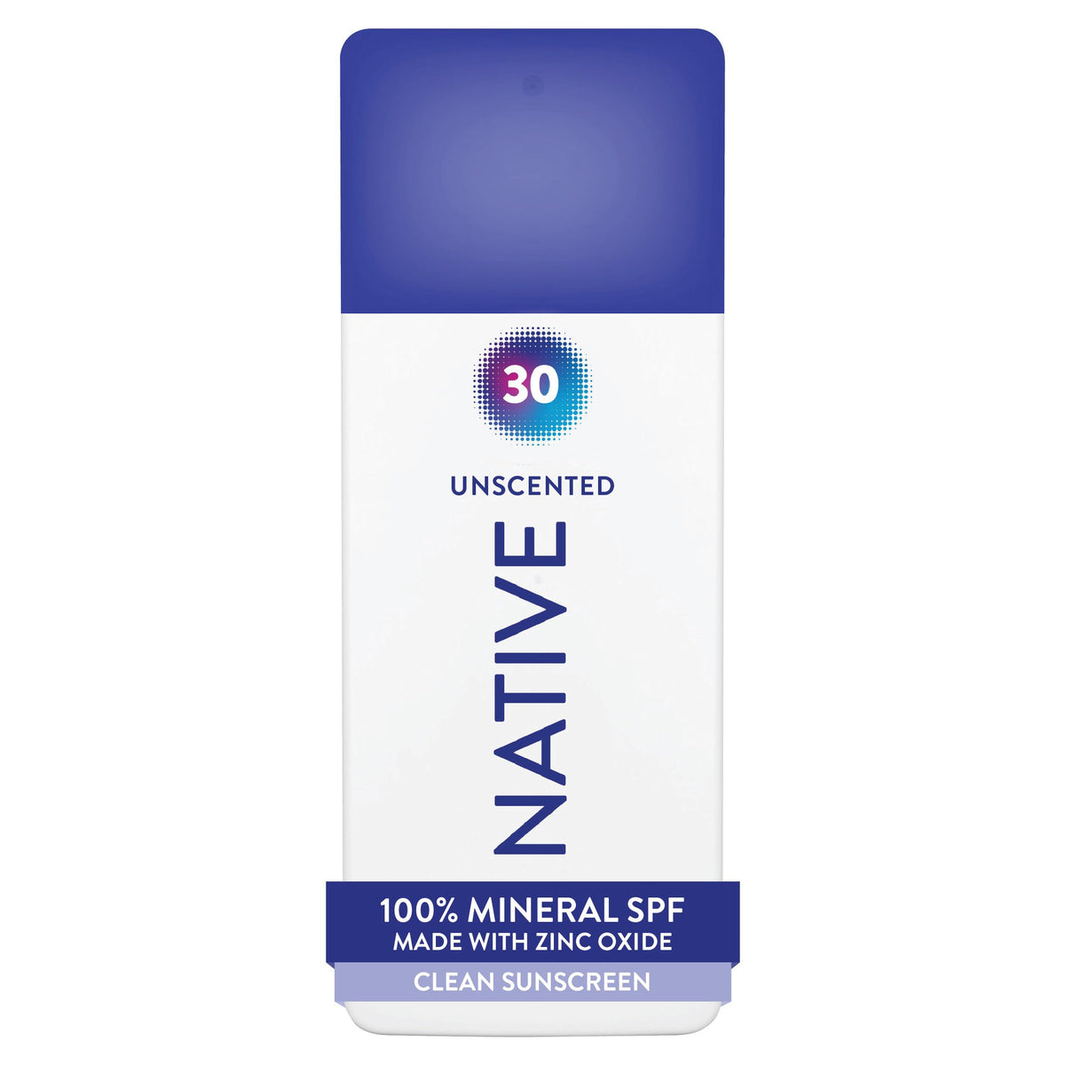 Native front packaging showing unscented SPF 30 and zinc oxide protection