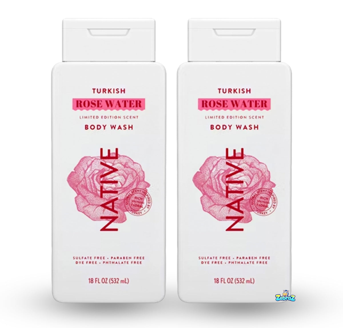 Native bottle front view showing Turkish Rose Water scent and benefit