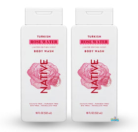 Native bottle front view showing Turkish Rose Water scent and benefit