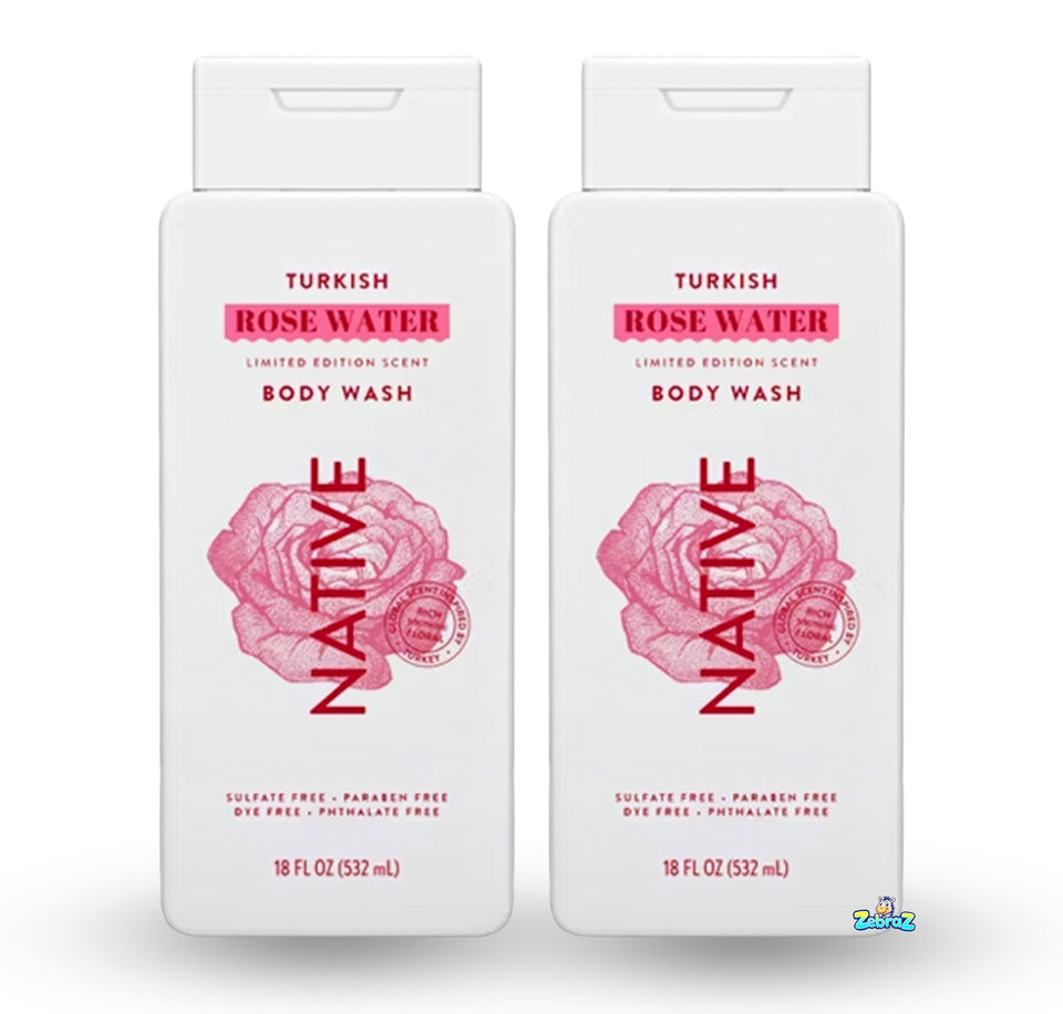 Native bottle front view showing Turkish Rose Water scent and benefit