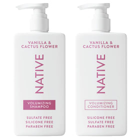Native front packaging showing shampoo and conditioner for volumizing benefits