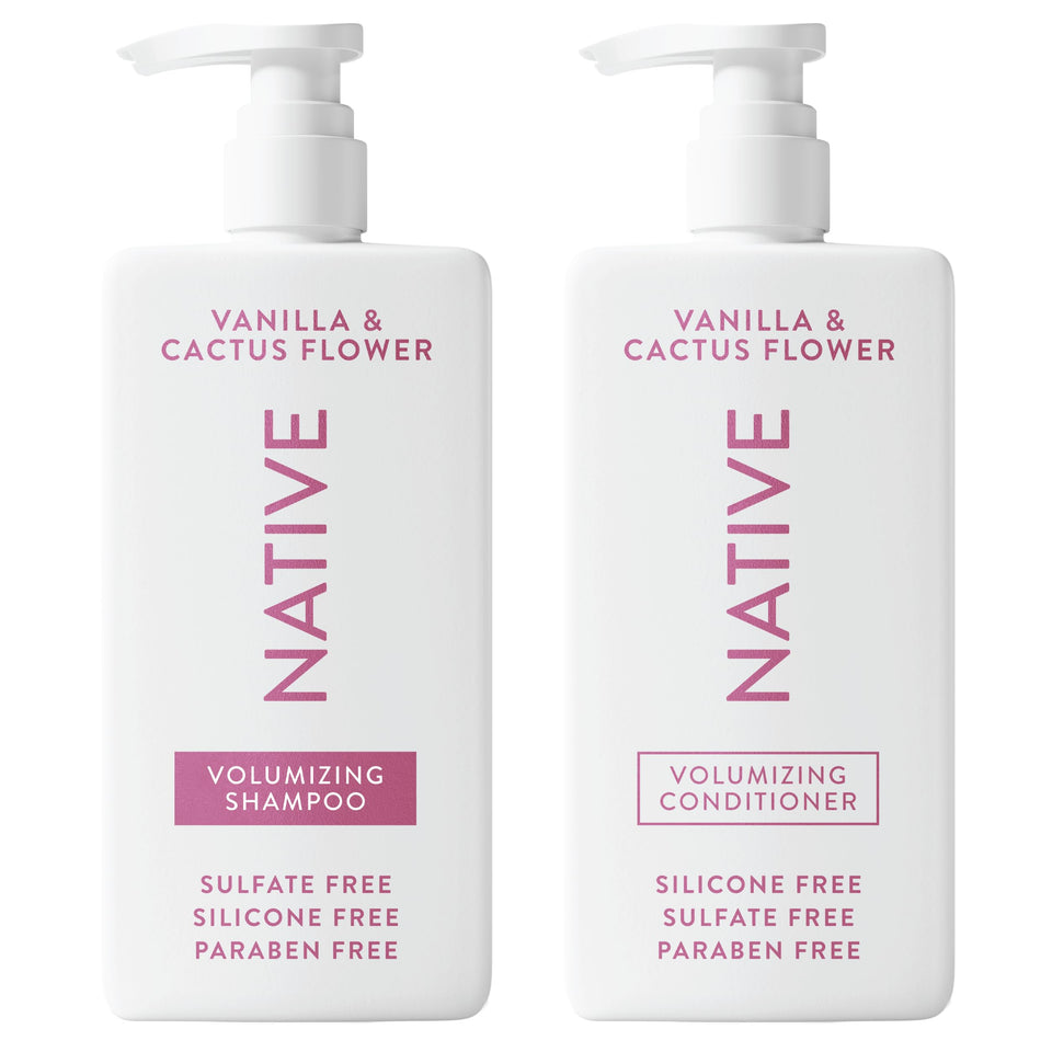 Native front packaging showing shampoo and conditioner for volumizing benefits