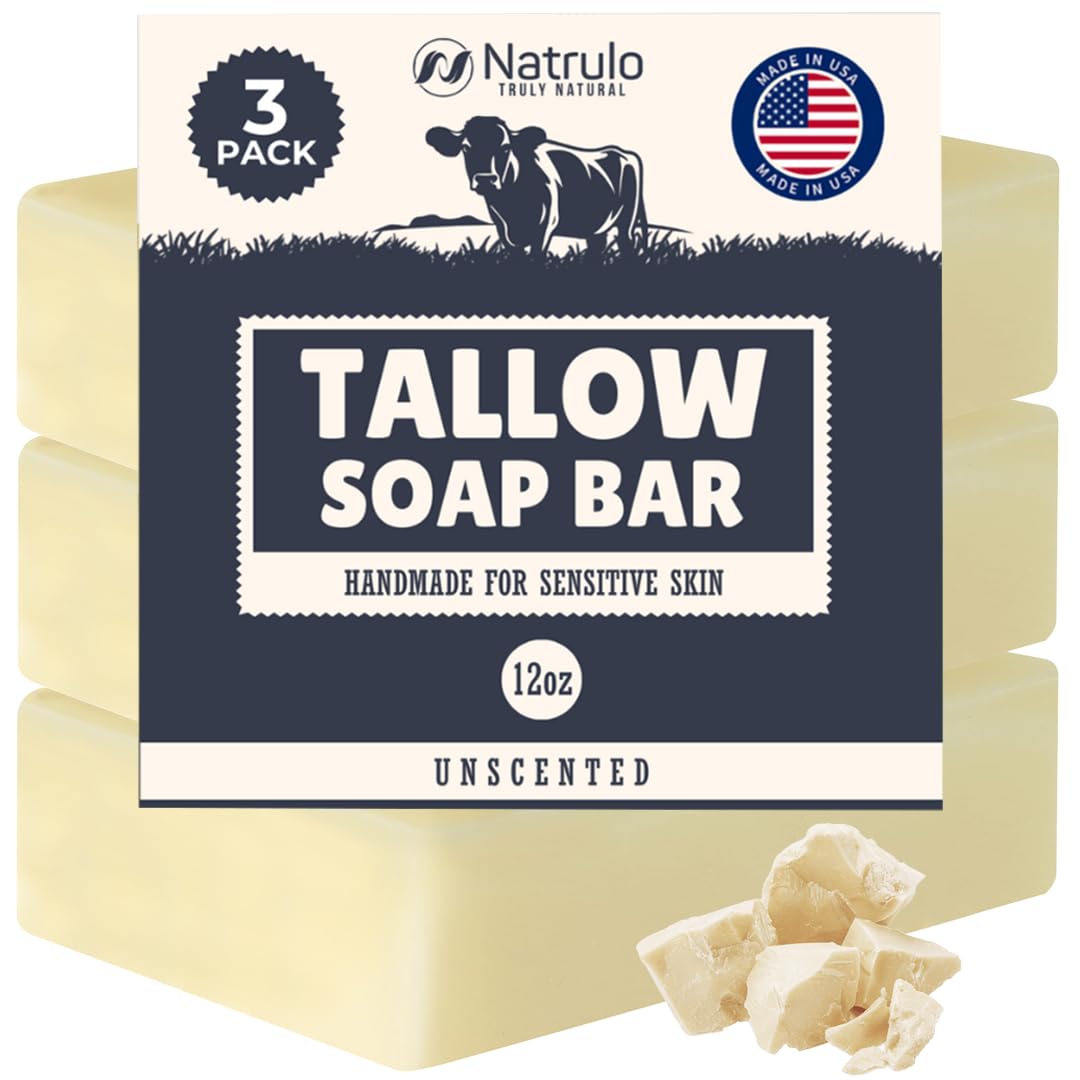 Natrulo front packaging showing unscented beef tallow soap benefits