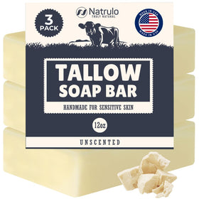 Natrulo front packaging showing unscented beef tallow soap benefits