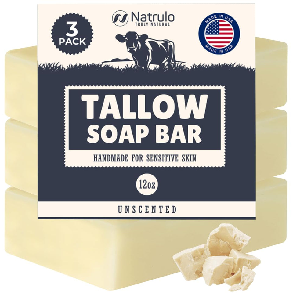 Natrulo front packaging showing unscented beef tallow soap benefits