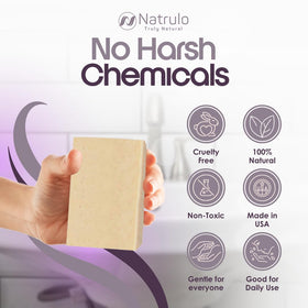 Natrulo soap lather in hand demonstrating gentle cleansing and reduced itchiness
