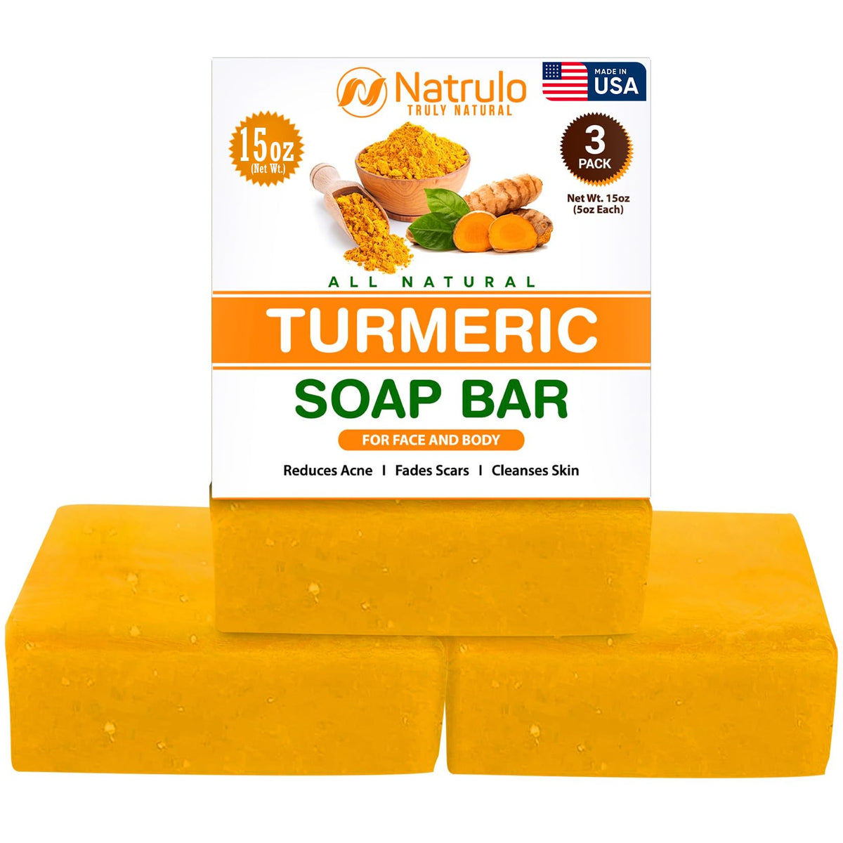 Natrulo soap bar front view showing turmeric color and clean design for brightening