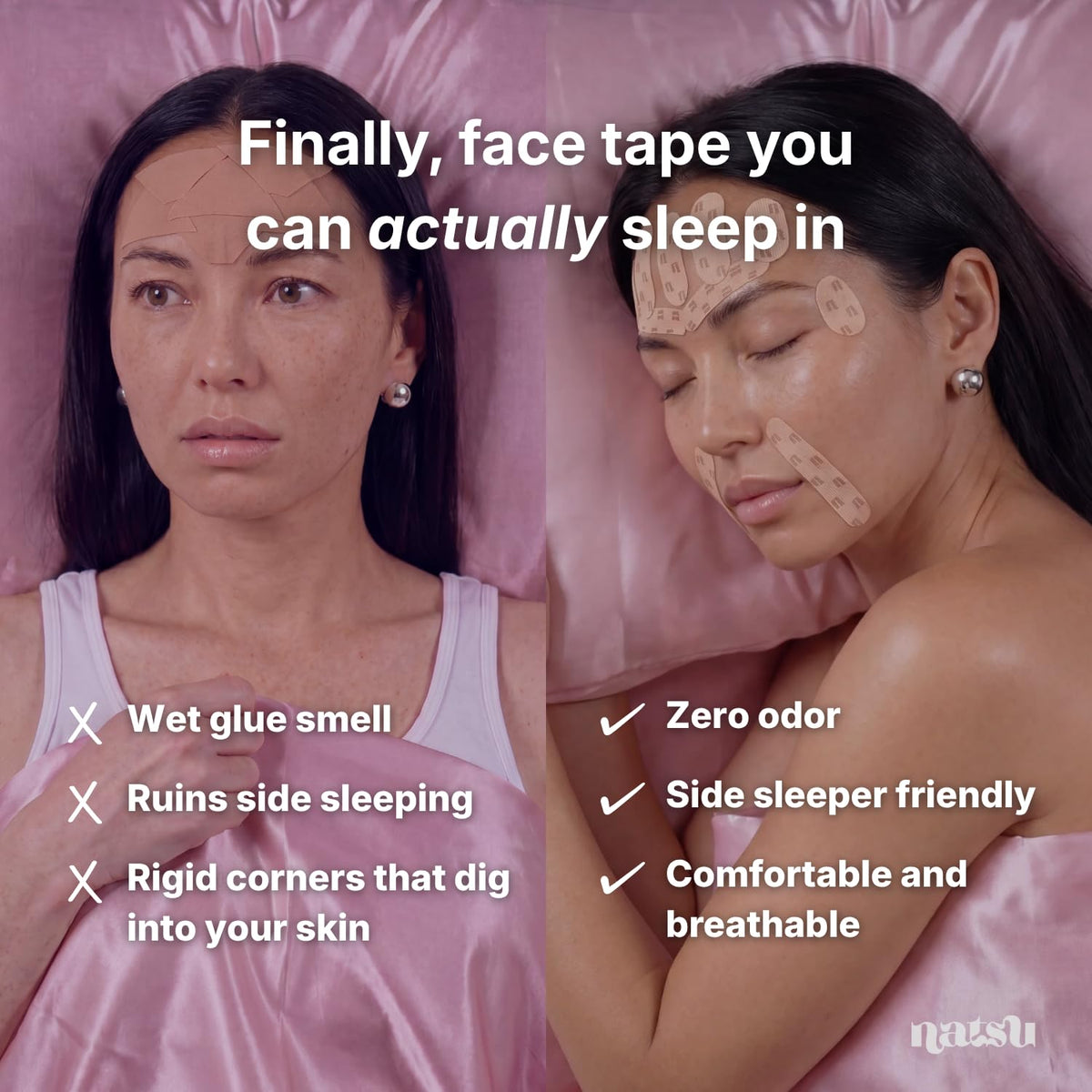 Natsu forehead patch applied on model, protects from sleep creases benefit