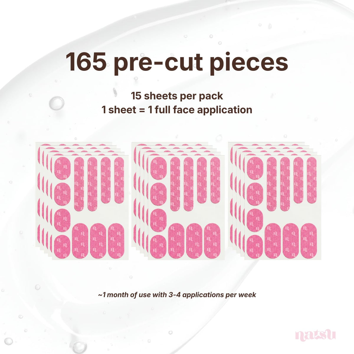 Natsu product label and ingredient list highlighting dermatologist-tested adhesive