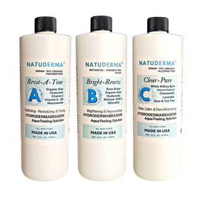 NATUDERMA front packaging showing three 16 oz bottles and benefits