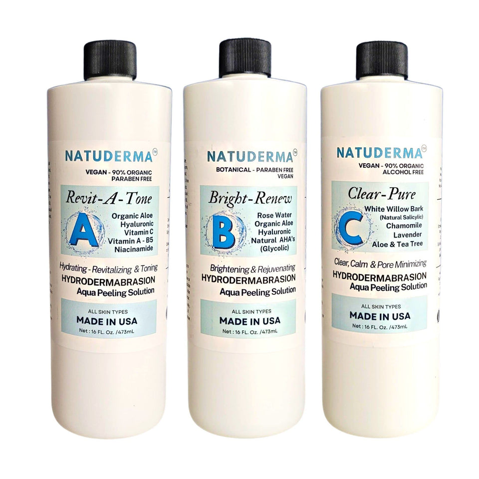 NATUDERMA front packaging showing three 16 oz bottles and benefits