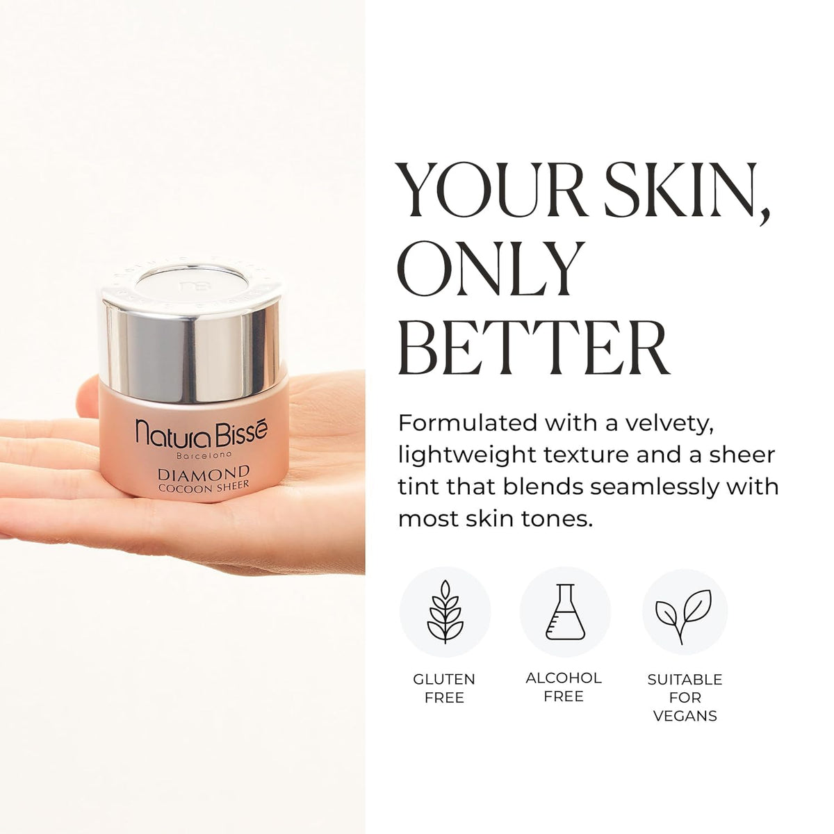 Natura Bissé swatch on skin showing sheer tint and even coverage for natural-looking finish