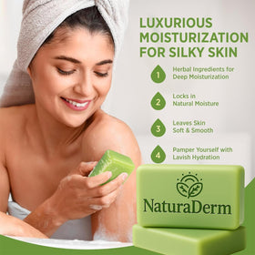 Natura Derm soap held in hand for size and travel-friendly scale