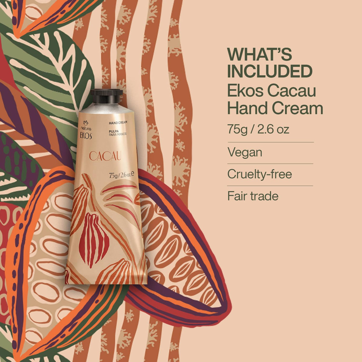 natura Ekos Cacau cream applied on a hand to show smoothing effect and immediate hydration