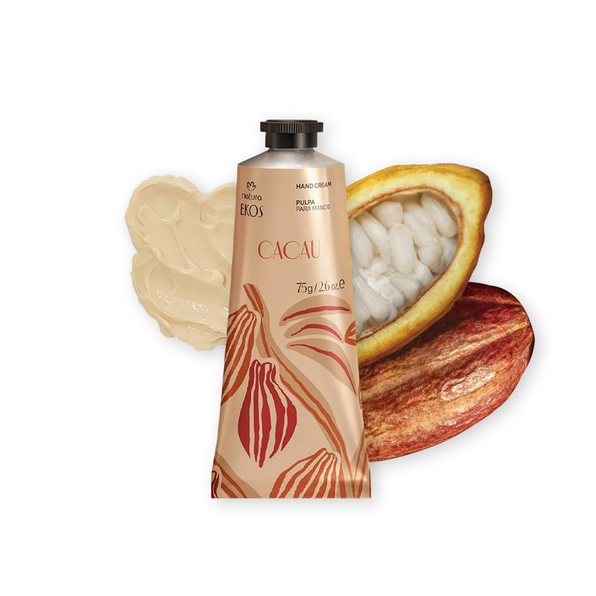natura Ekos Cacau front packaging showing tube and cocoa branding, communicates moisturizing benefit