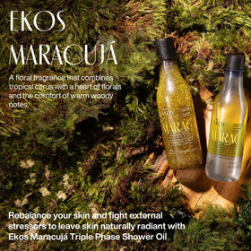 Natura pouring oil into hand, demonstrates quick absorption and hydrating action