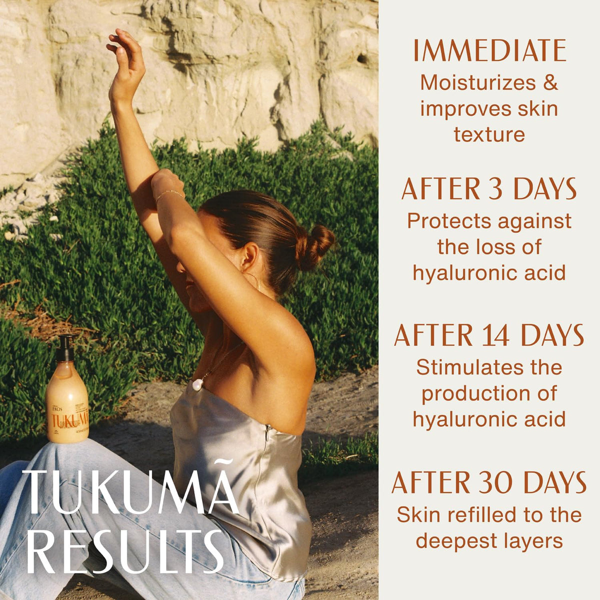 natura applying lotion on forearm, visible smoothing and moisture improvement