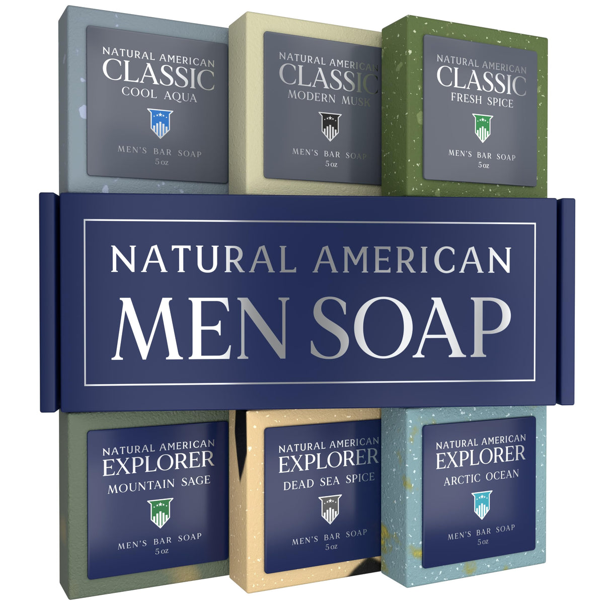 NATURAL AMERICAN front packaging showing six wrapped bars and cologne scent benefit