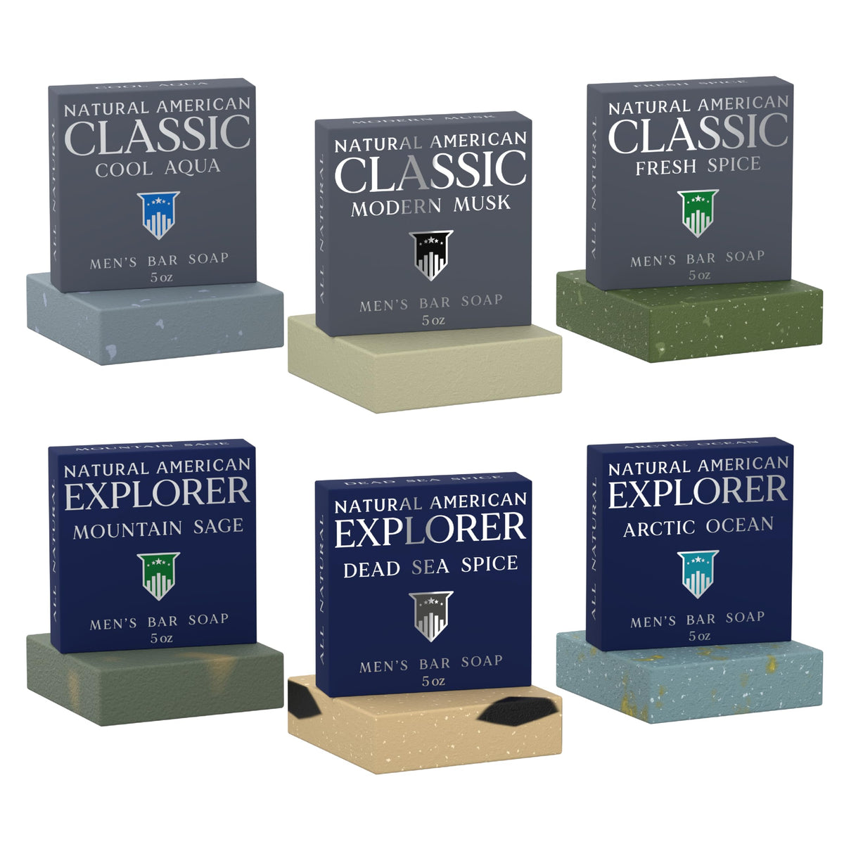NATURAL AMERICAN soap on shower shelf suggesting masculine cologne aroma benefit