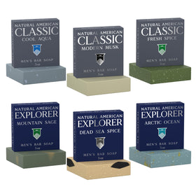 NATURAL AMERICAN soap on shower shelf suggesting masculine cologne aroma benefit