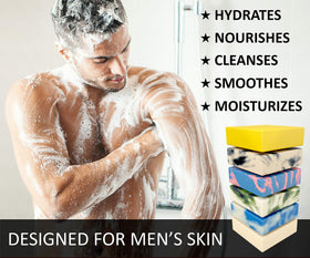 Natural American ingredients display with oatmeal, charcoal and essential oils for moisturizing benefit