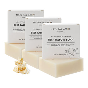 Natural Amor Los Angeles front packaging showing three unscented soap bars and benefits