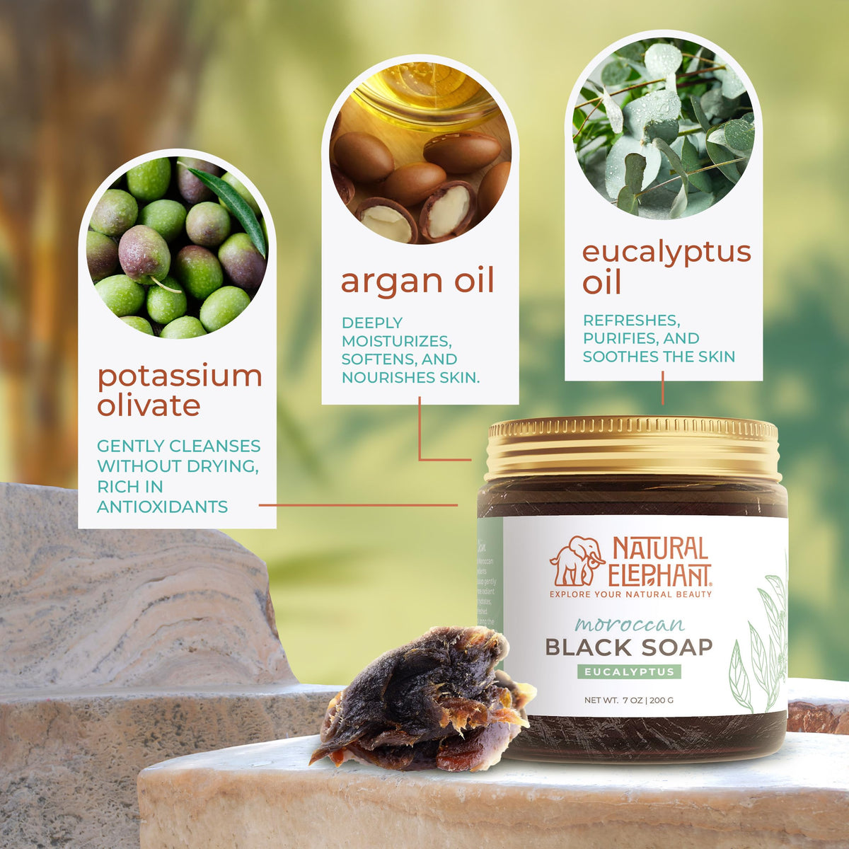 Natural Elephant label close-up listing olive oil and Nila ingredient benefits