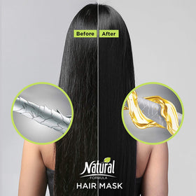 Natural FORMULA hair mask beside a hand showing 350ml scale and travel-friendly size
