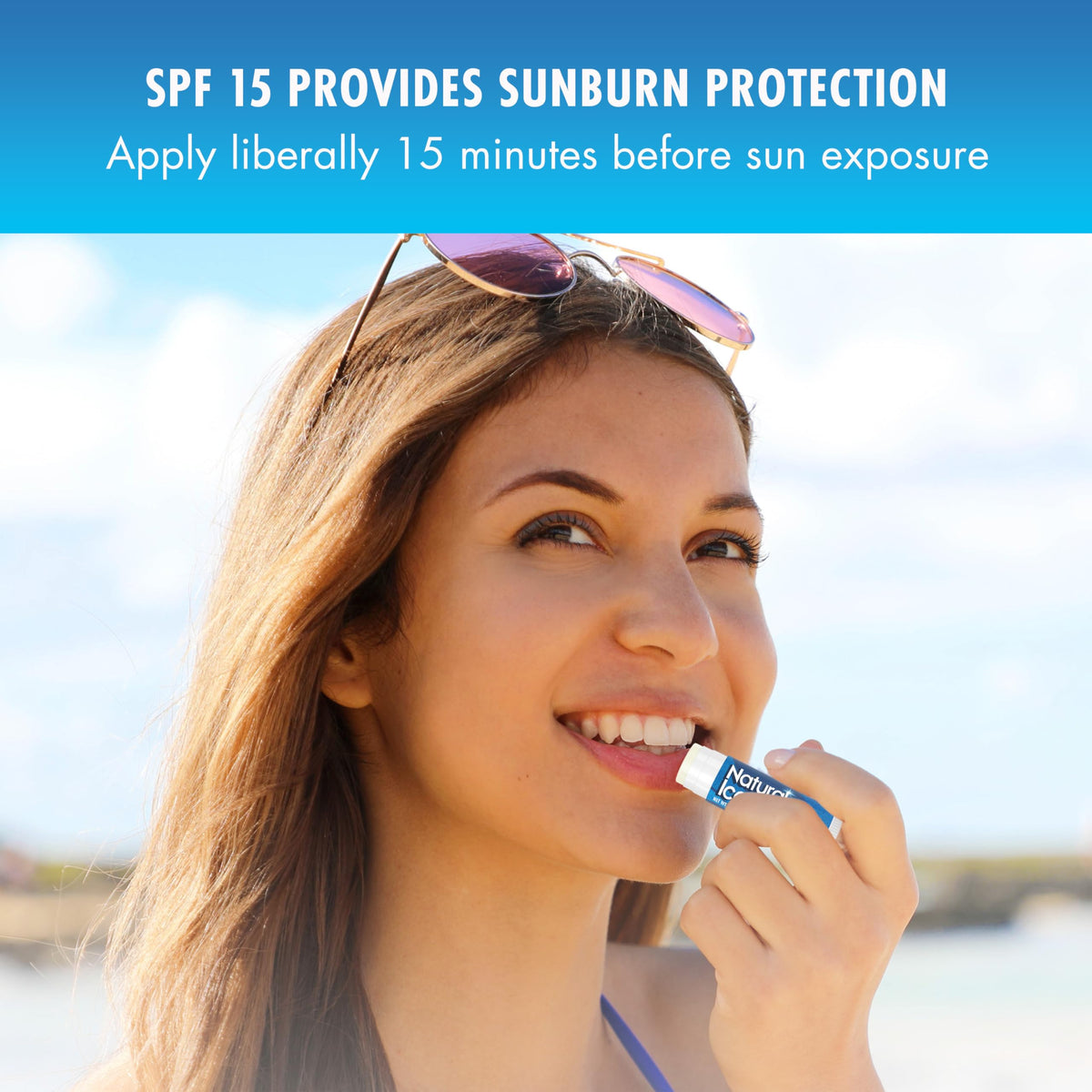 Natural Ice cherry side label close-up highlighting SPF 15 and ingredient reassurance