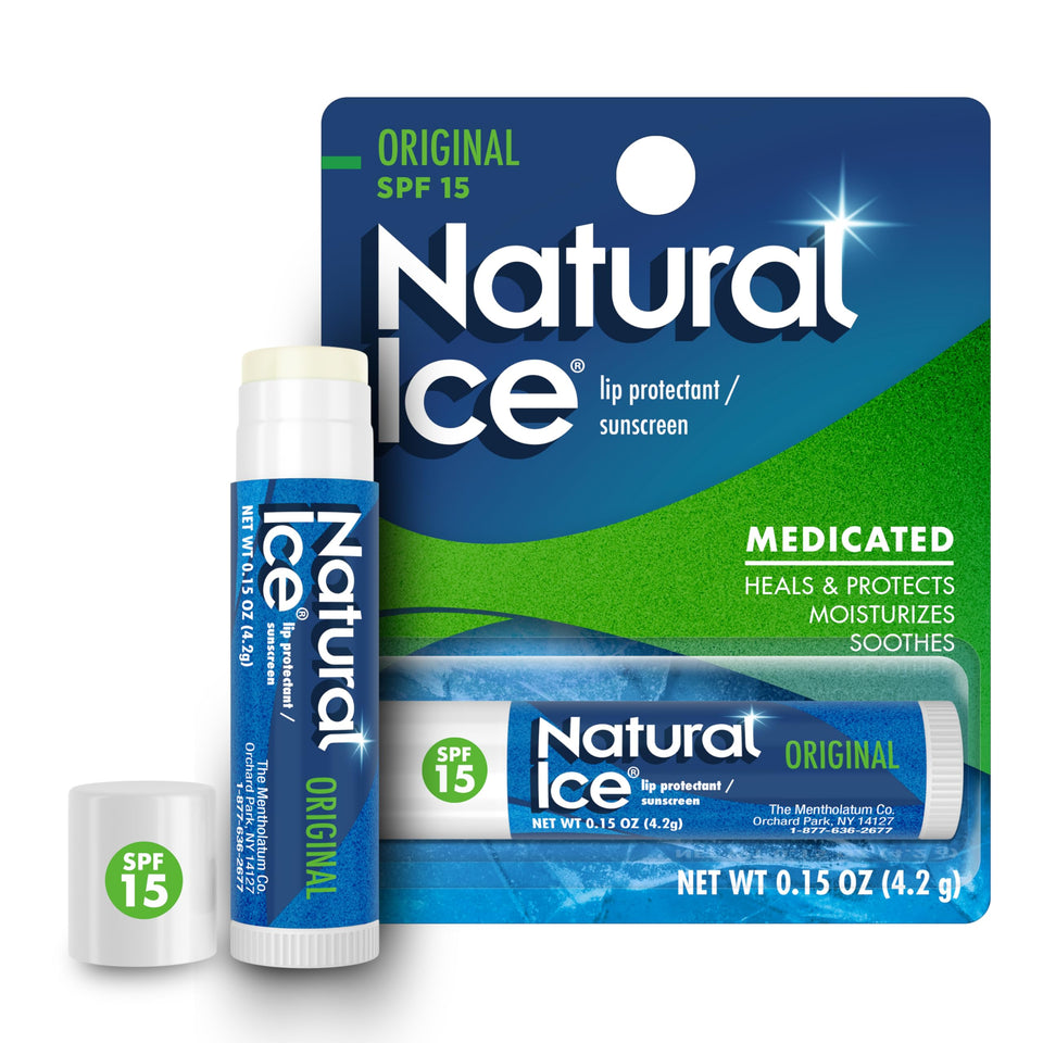 Natural Ice front packaging showing cooling lip balm and SPF 15 protection