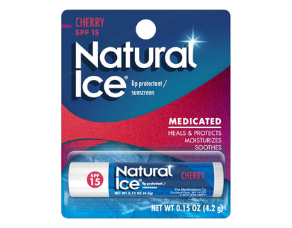 Natural Ice front tube showing cherry flavor and SPF protection for on-the-go use