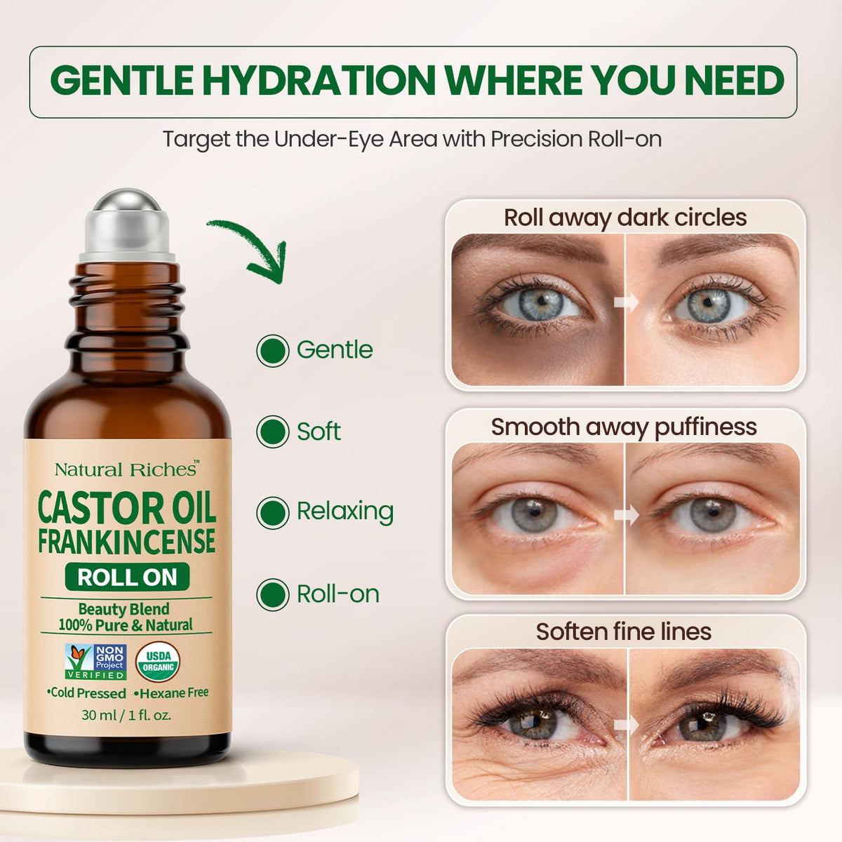 Natural Riches application under-eye demo illustrating de-puffing and ease