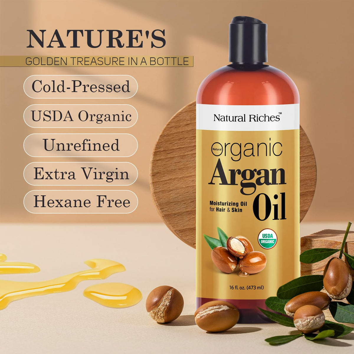Natural Riches argan kernels with oil representing pure ingredient potency