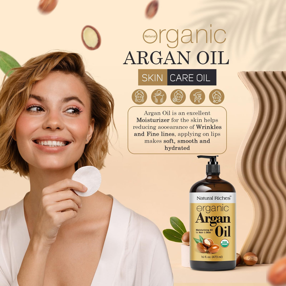Natural Riches applying argan oil to hair ends for frizz control and shine