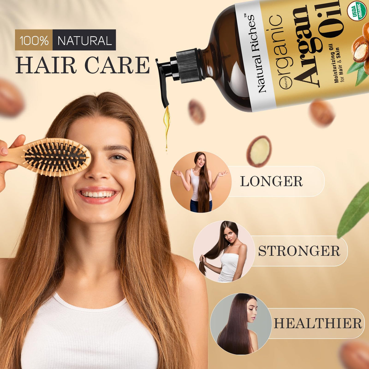 Natural Riches argan oil texture drop on fingertip showcasing lightweight absorption