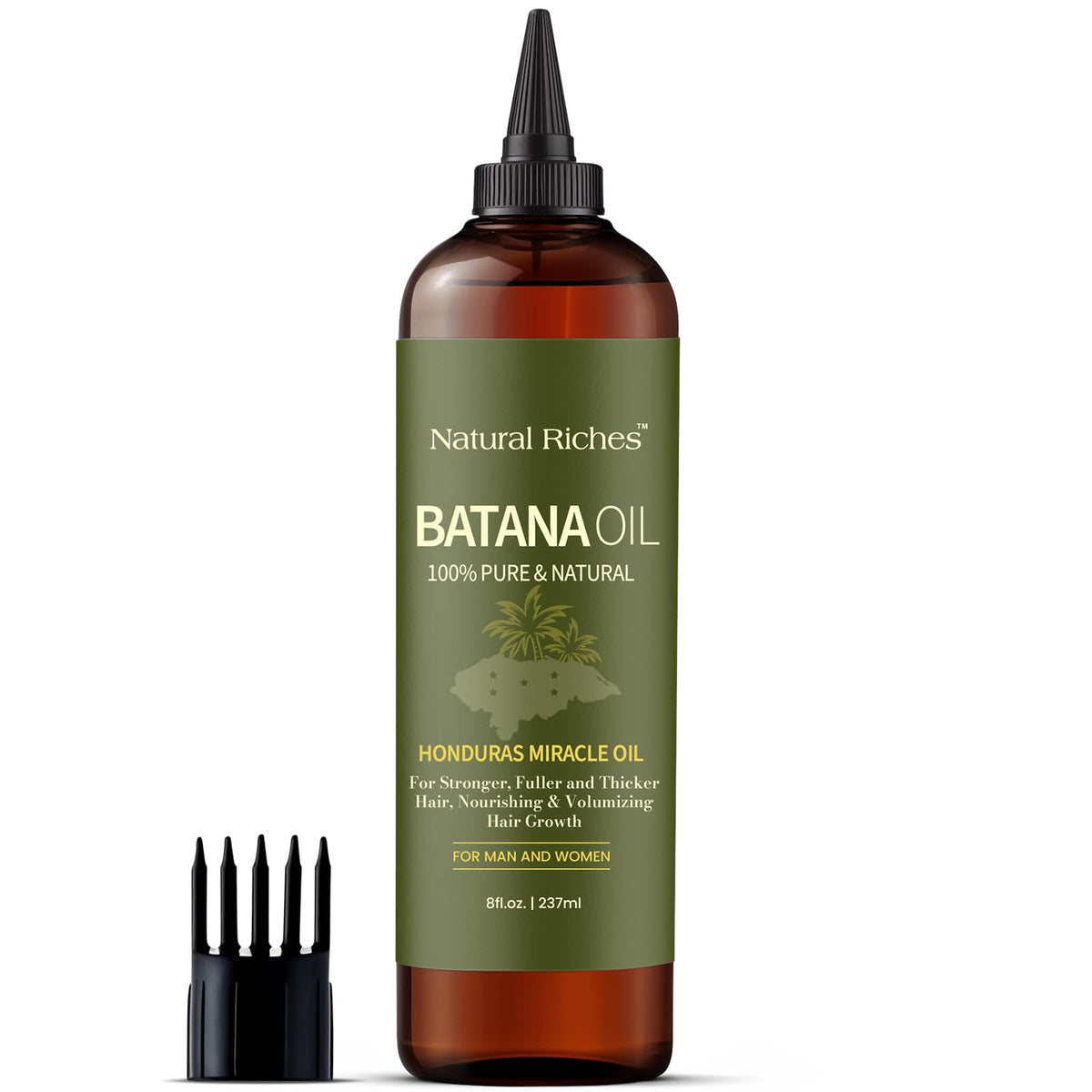 Natural Riches bottle beside measuring items showing 8 fl oz scale