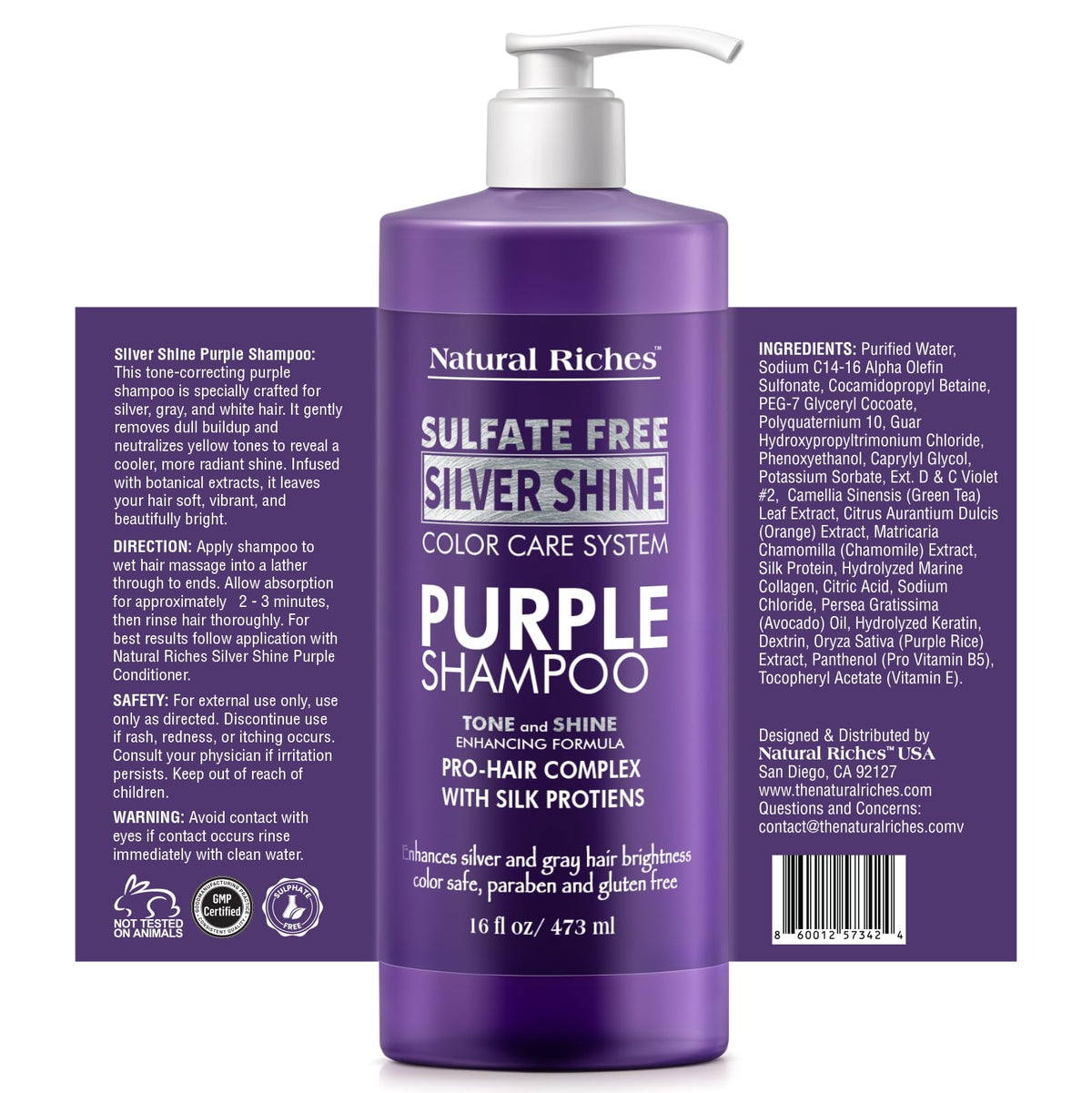 Natural Riches close-up of purple shampoo label highlighting toning benefit