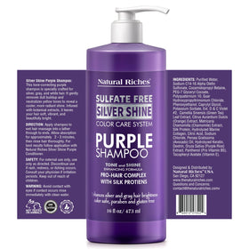 Natural Riches close-up of purple shampoo label highlighting toning benefit