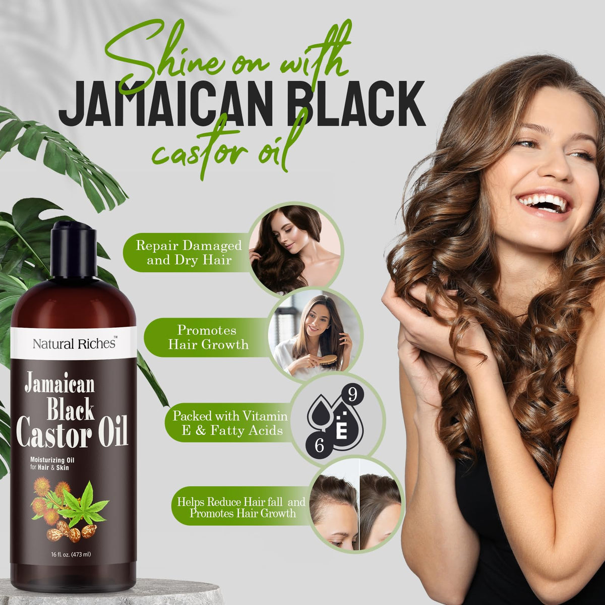 Natural Riches bottle with Jamaican castor seeds representing origin
