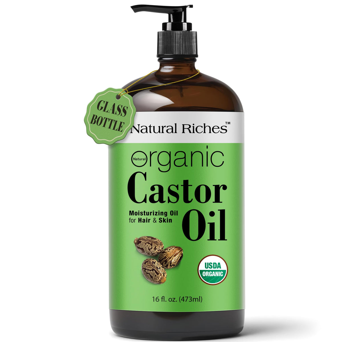 Natural Riches front bottle showing amber glass protecting oil